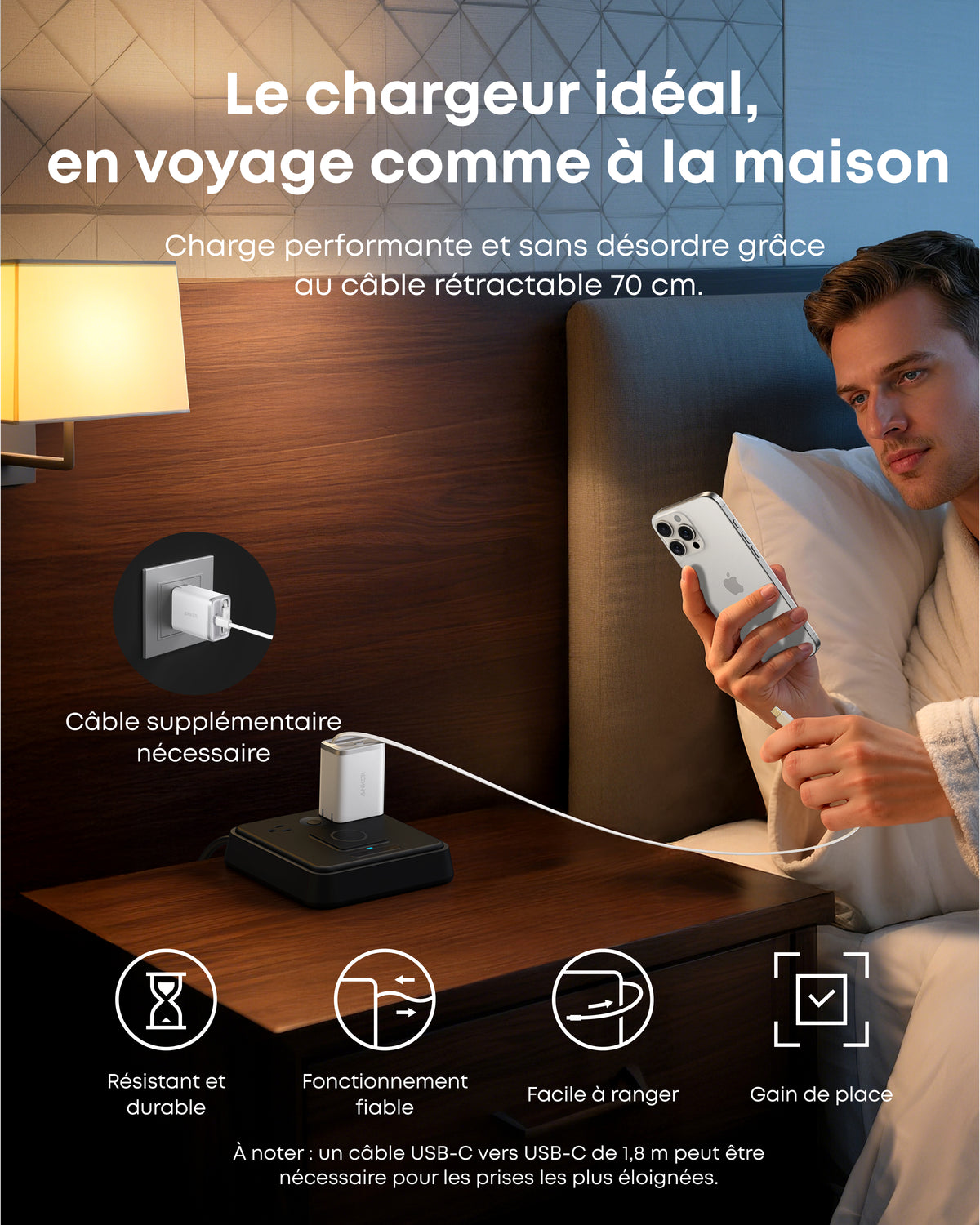 Chargeur Anker Nano (35 W) avec câble USB-C rétractable
