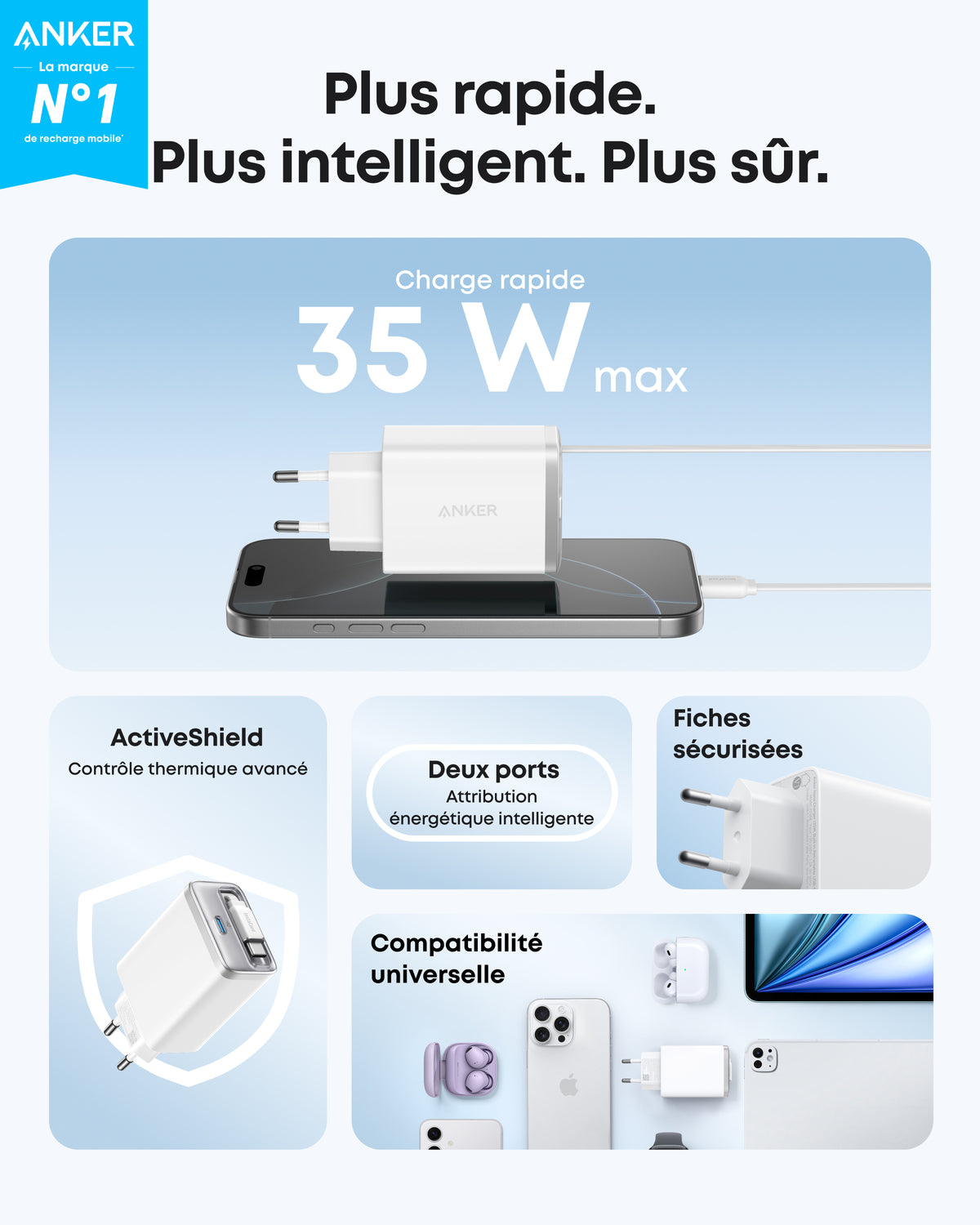Chargeur Anker Nano (35 W) avec câble USB-C rétractable