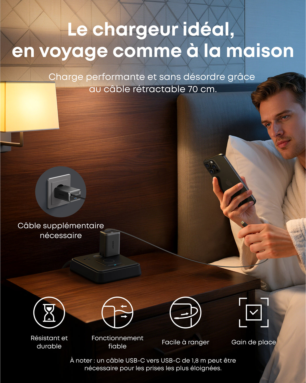 Chargeur Anker Nano (35 W) avec câble USB-C rétractable