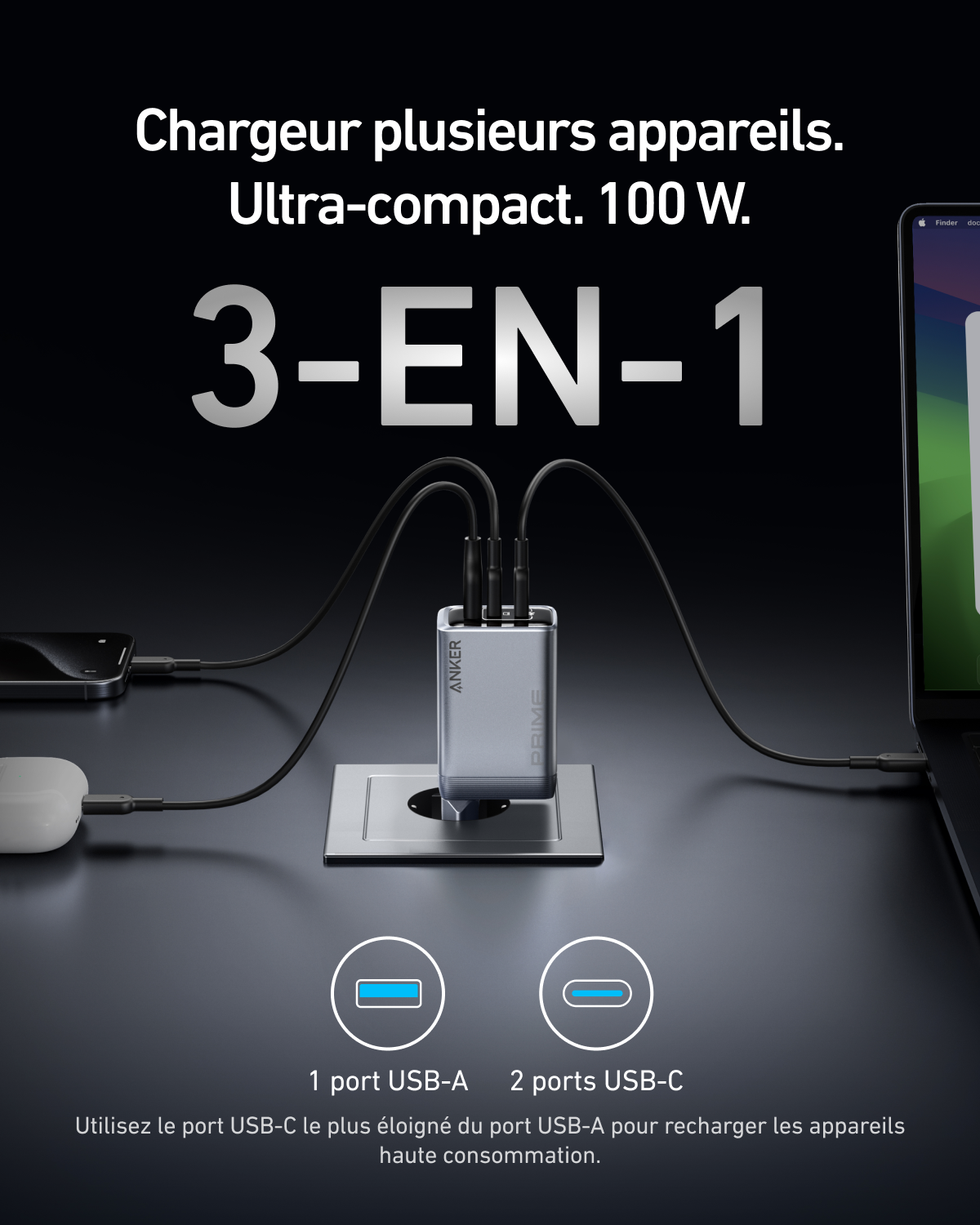 Chargeur Anker Prime (100 W, 3 ports, GaN)