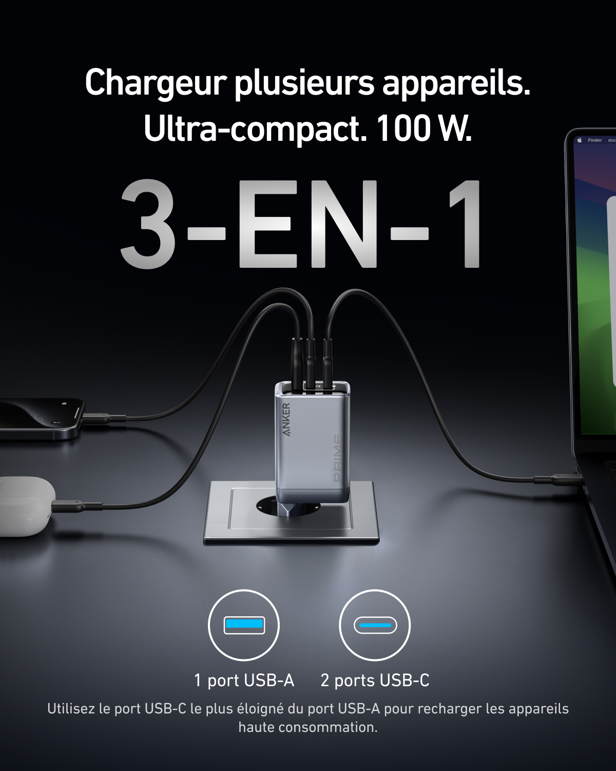Anker MagGo (3-en-1) + Chargeur Prime (100 W, 3 ports, GaN)