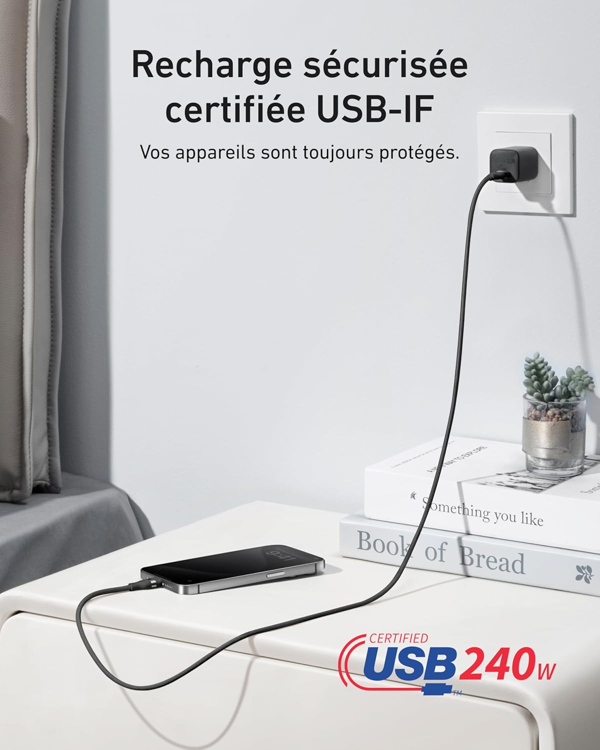 Chargeur Anker Nano (45 W, écran intelligent) + Câble Anker USB-C vers USB-C (240 W, upcyclé et tressé)