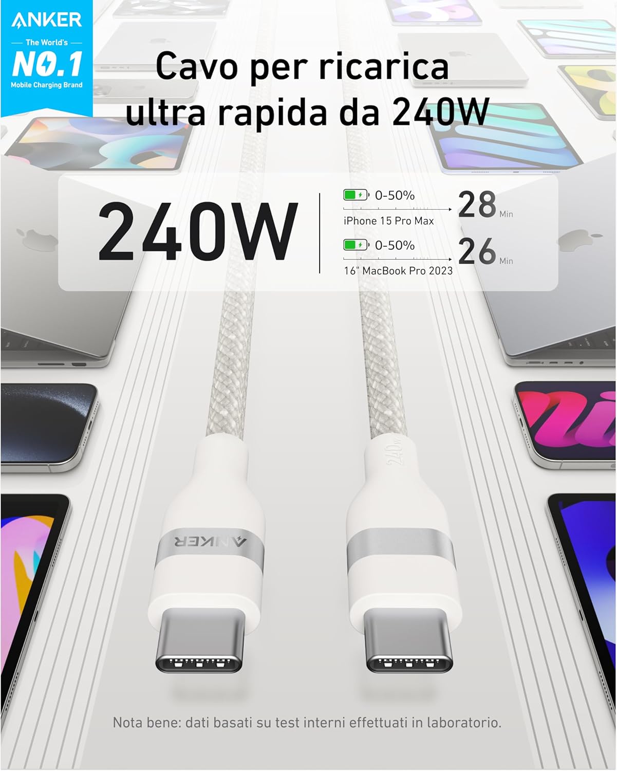 Chargeur Anker Nano (45 W, écran intelligent) + Câble Anker USB-C vers USB-C (240 W, upcyclé et tressé)
