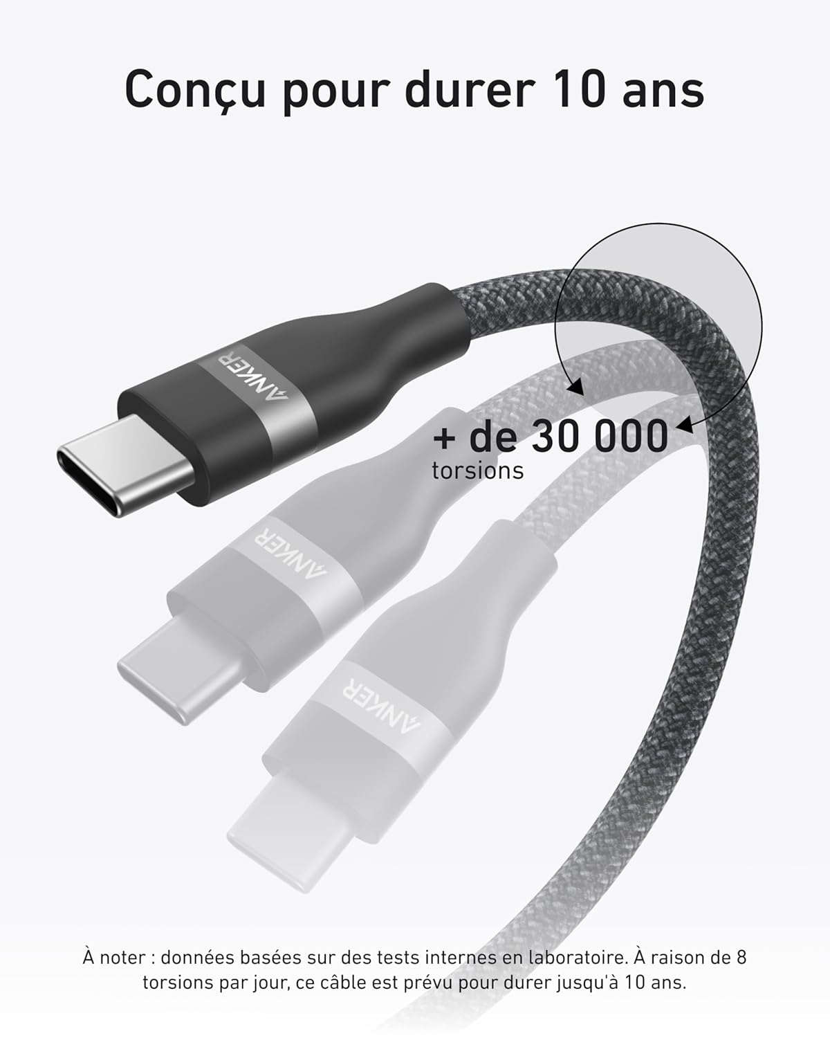 Câble Anker USB-C vers USB-C (180 cm, 240 W, upcyclé et tressé)