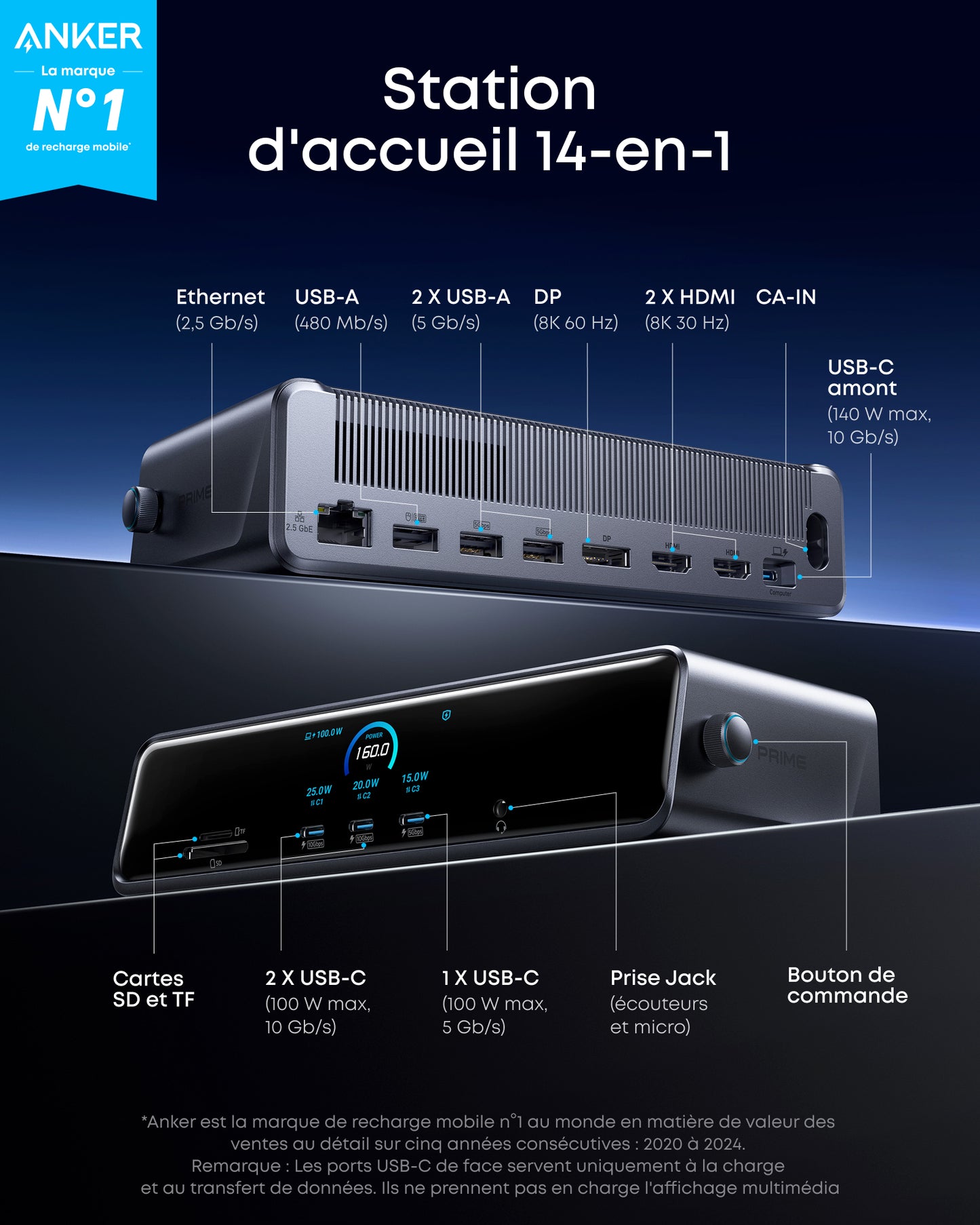 Station d’accueil Anker Prime (14-en-1, triple affichage, DisplayLink)