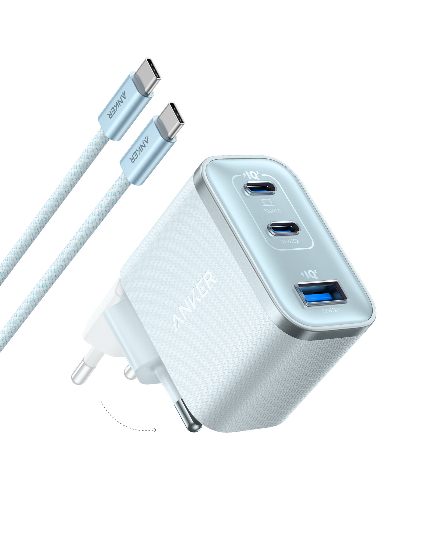 Chargeur Anker Nano (70 W, 3 ports) avec câble USB-C