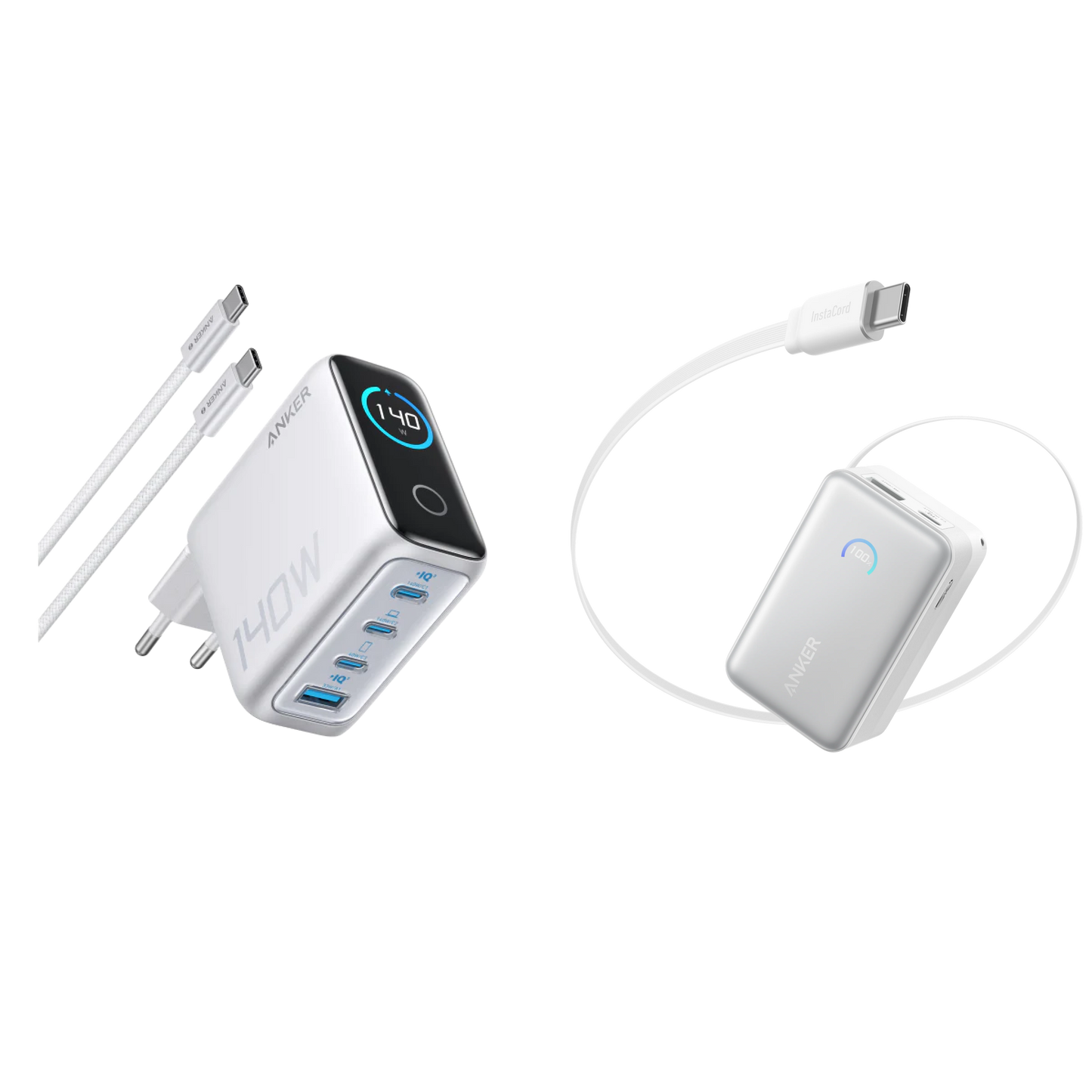 Chargeur Anker Zolo (140 W, 4 ports, PD 3.1) + Batterie externe Anker Nano (10 000 mAh)