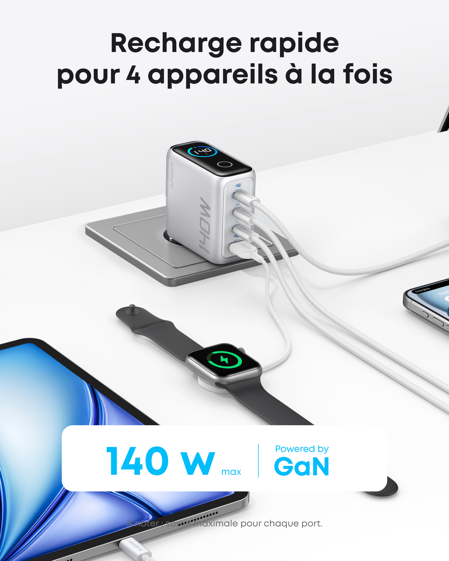 Chargeur Anker Zolo (140 W, 4 ports, PD 3.1) avec câble USB-C