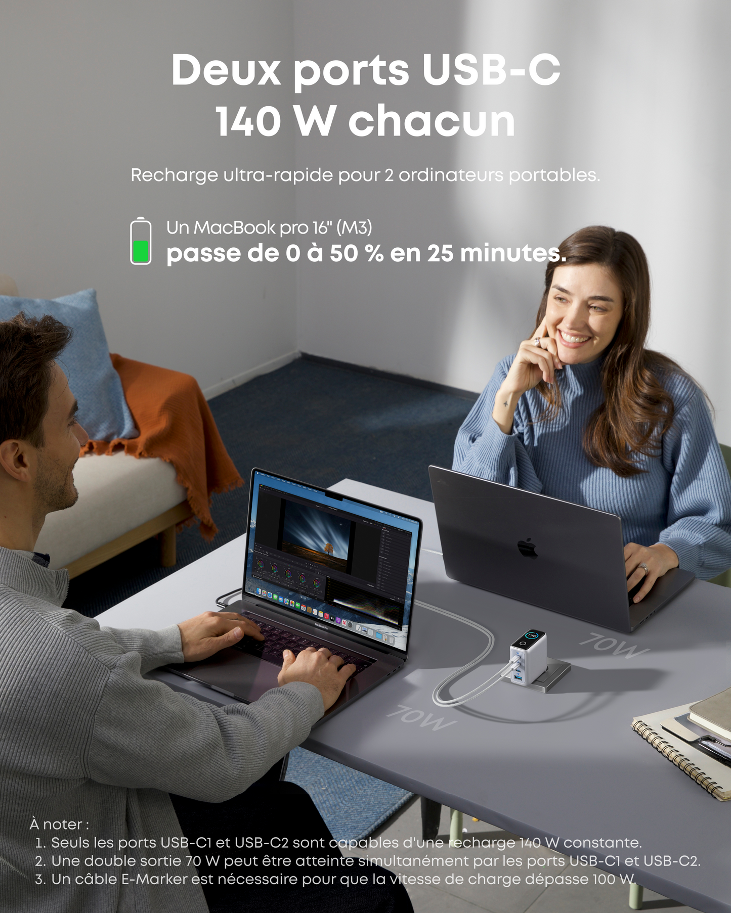 Chargeur Anker Zolo (140 W, 4 ports, PD 3.1) + Batterie externe Anker Nano (10 000 mAh)