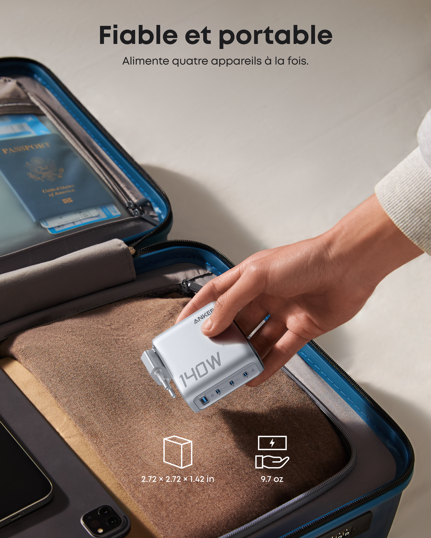 Chargeur Anker Zolo (140 W, 4 ports, PD 3.1) + Batterie externe Anker Nano (10 000 mAh)