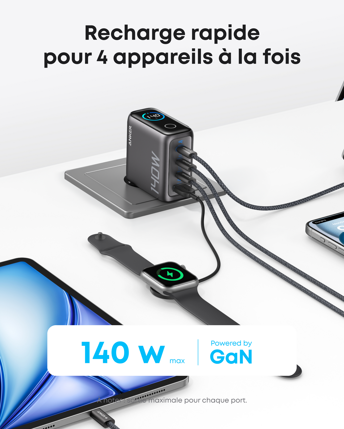 Chargeur Anker Zolo (140 W, 4 ports, PD 3.1) avec câble USB-C