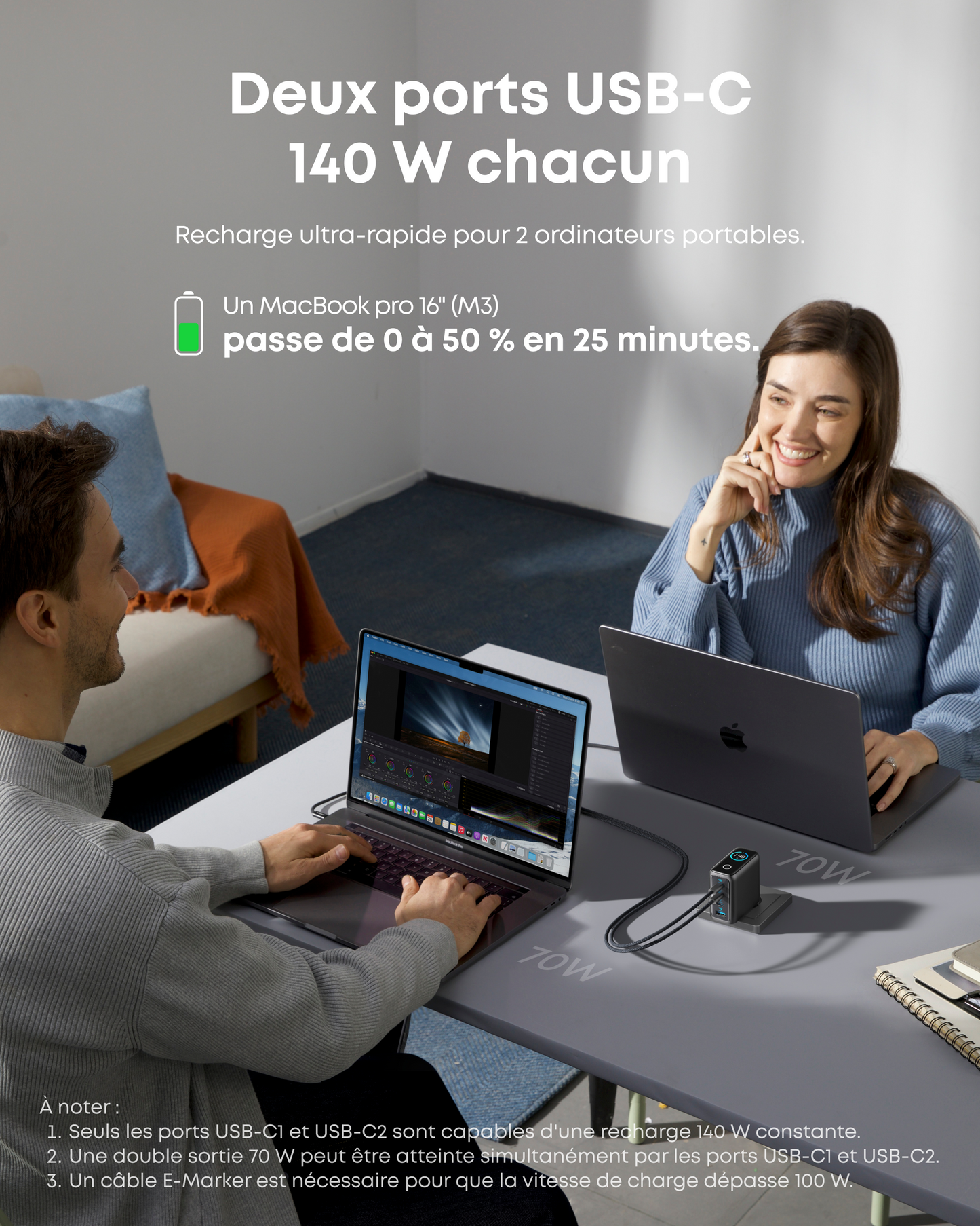 Chargeur Anker Zolo (140 W, 4 ports, PD 3.1) avec câble USB-C