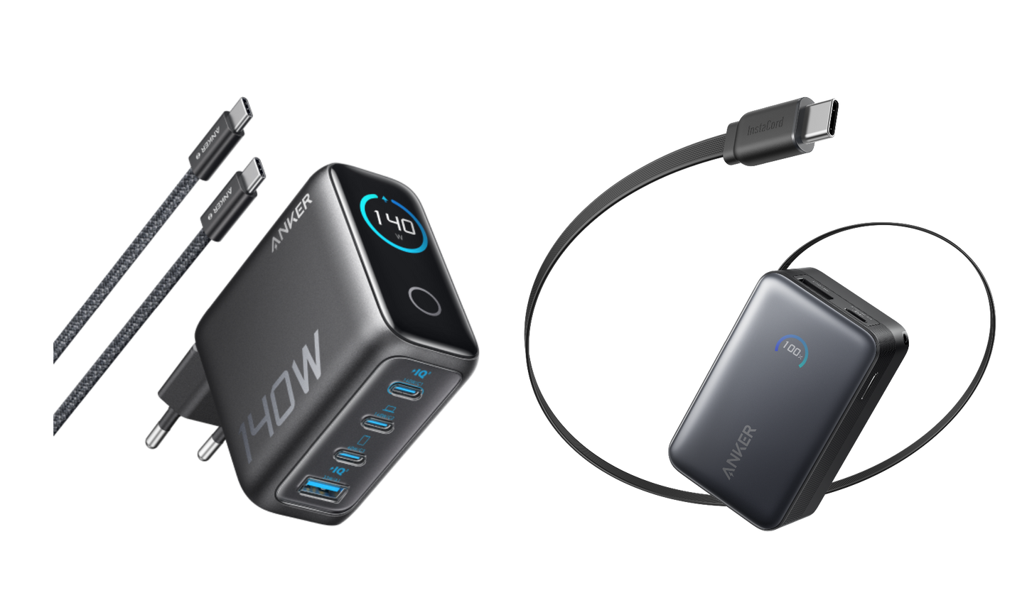 Chargeur Anker (140 W, 4 ports, PD 3.1) avec câble USB-C + Batterie externe Anker Nano (10K, 45 W, câble USB-C rétractable intégré)