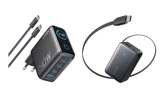 Chargeur Anker (140 W, 4 ports, PD 3.1) avec câble USB-C + Batterie externe Anker Nano (10K, 45 W, câble USB-C rétractable intégré)