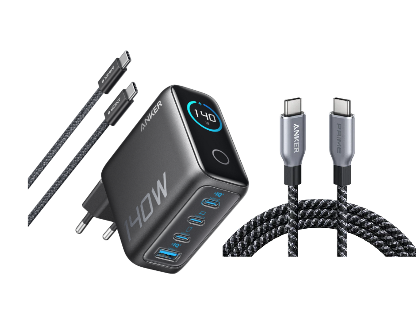 Chargeur Anker (140 W, 4 ports, PD 3.1) avec câble USB-C + Câble USB-C vers USB-C Anker Prime (240 W, design tressé et recyclé)