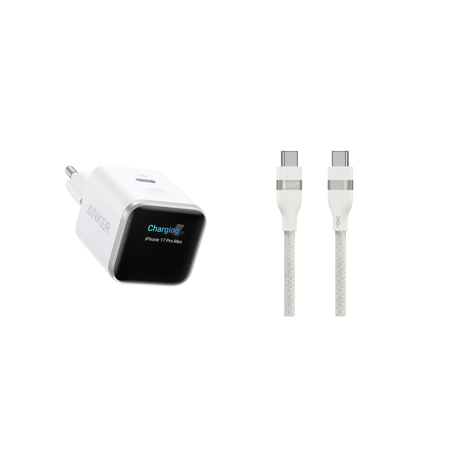 Chargeur Anker Nano (45 W, écran intelligent) + Câble Anker USB-C vers USB-C (240 W, upcyclé et tressé)