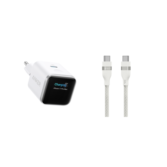 Chargeur Anker Nano (45 W, écran intelligent) + Câble Anker USB-C vers USB-C (240 W, upcyclé et tressé)