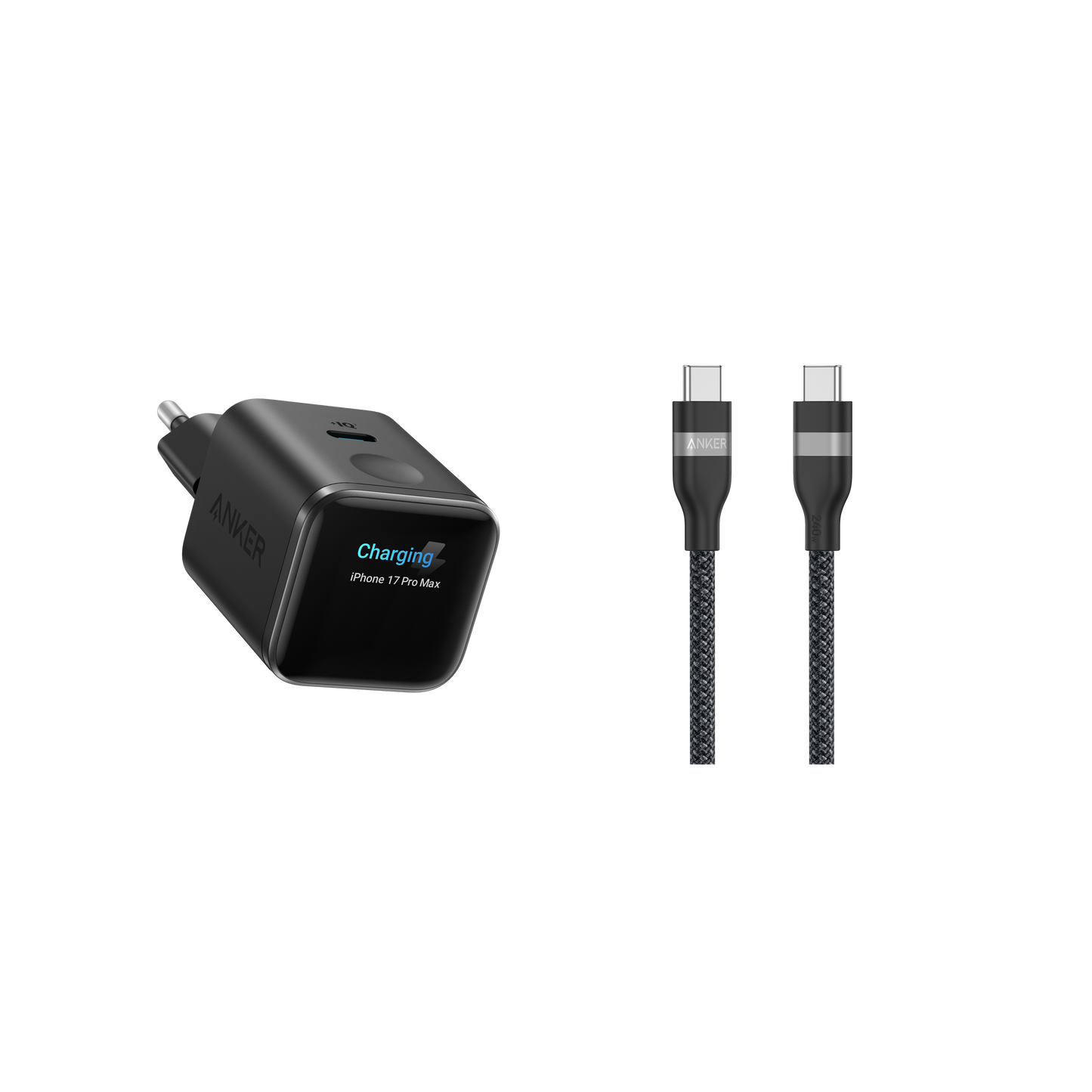 Chargeur Anker Nano (45 W, écran intelligent) + Câble Anker USB-C vers USB-C (240 W, upcyclé et tressé)
