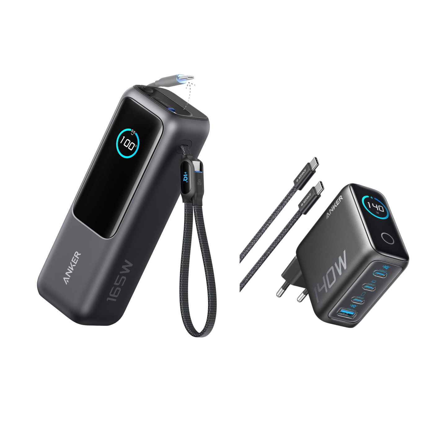 Anker PowerBank (25K, 165 W) + Zolo Chargeur (140 W, 4 ports, PD 3.1)
