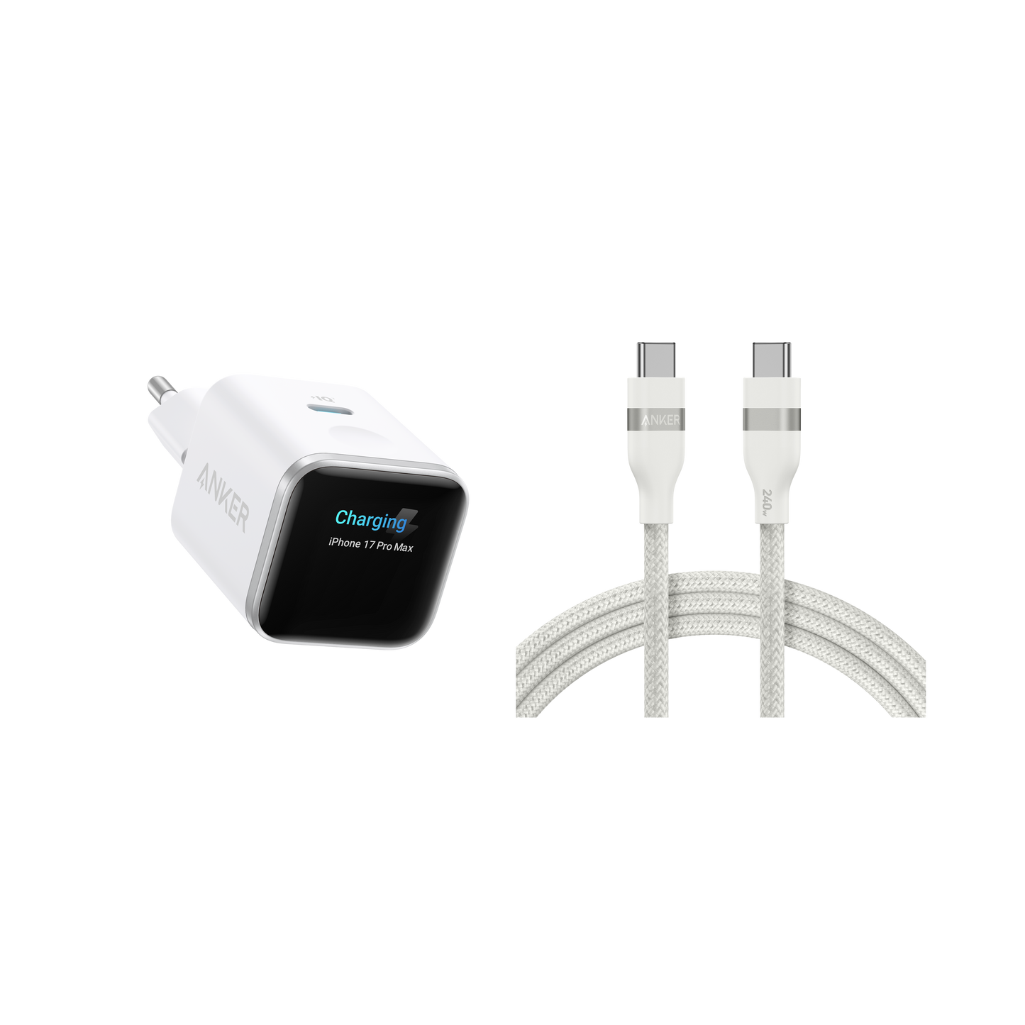 Chargeur Anker Nano (45 W, écran intelligent) + Câble Anker USB-C vers USB-C (240 W, upcyclé et tressé)