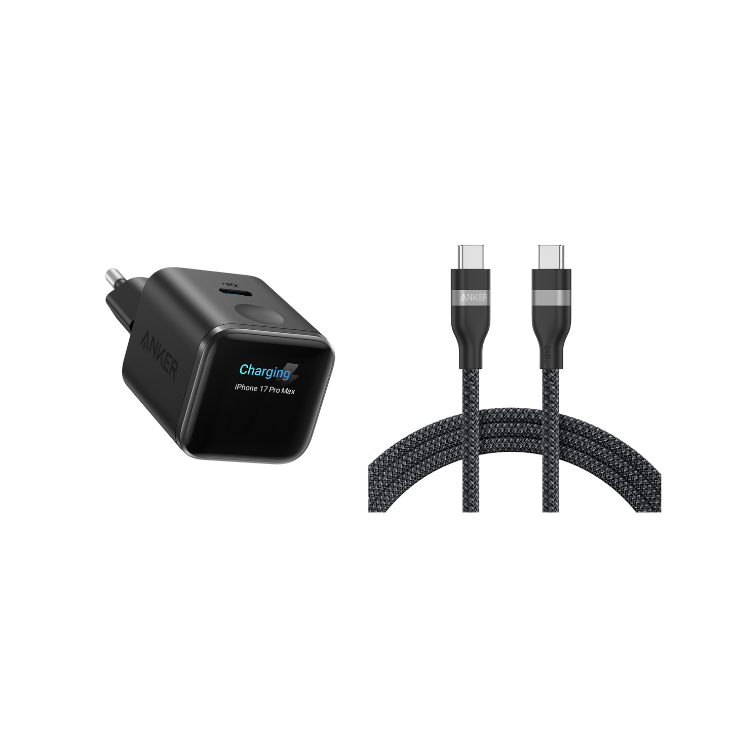 Chargeur Anker Nano (45 W, écran intelligent) + Câble Anker USB-C vers USB-C (240 W, upcyclé et tressé)