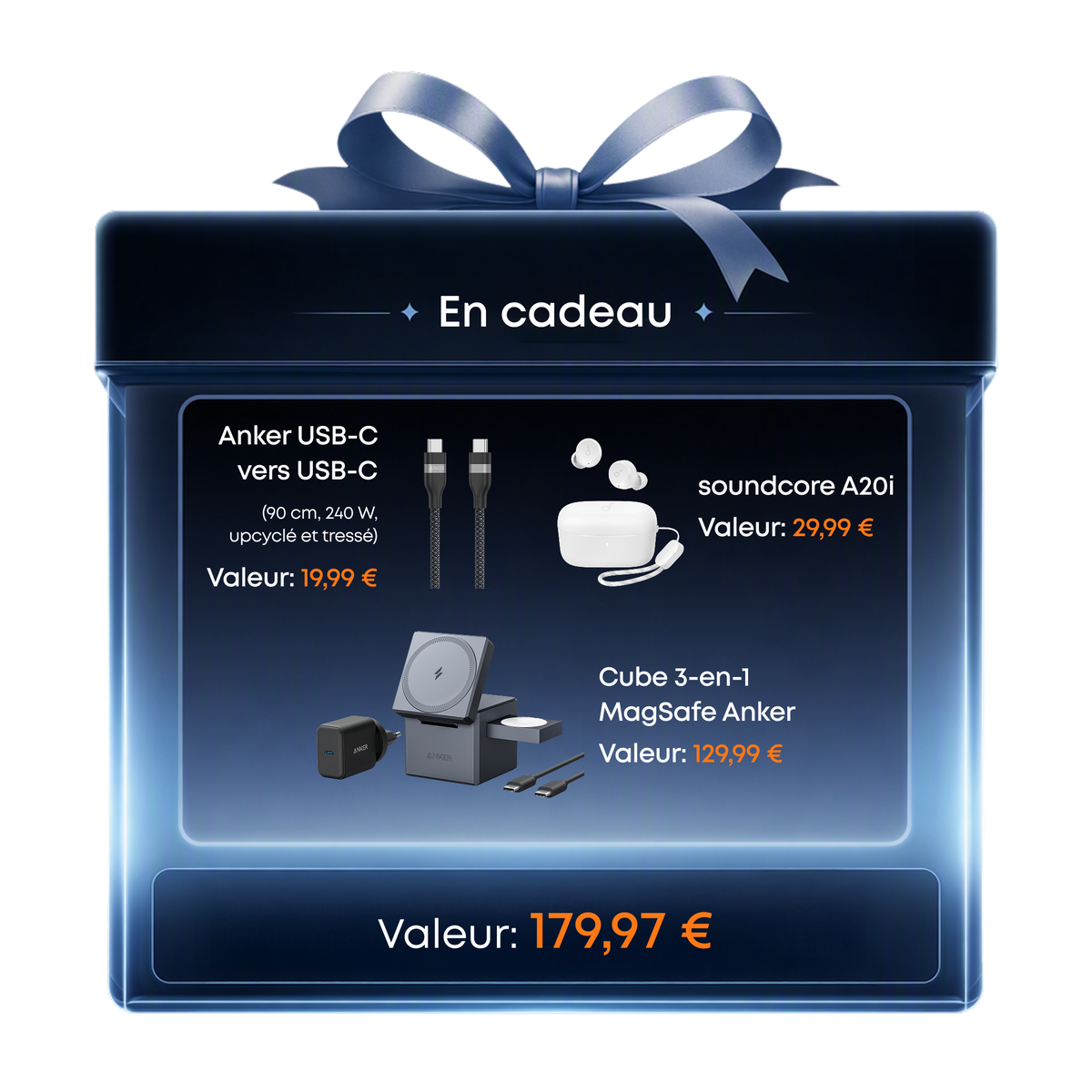 Câble Anker USB-C vers USB-C (240 W, upcyclé et tressé) + Cube 3-en-1 MagSafe Anker + Soundcore A20i | Ecouteurs Bluetooth sans Fil