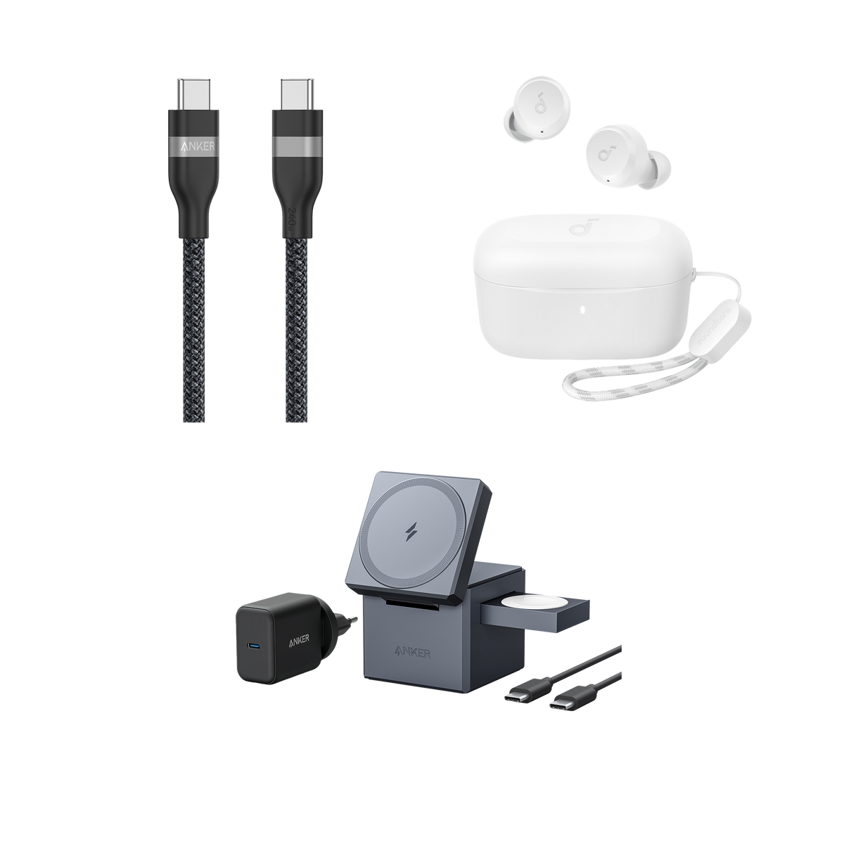 Câble Anker USB-C vers USB-C (240 W, upcyclé et tressé) + Cube 3-en-1 MagSafe Anker + Soundcore A20i | Ecouteurs Bluetooth sans Fil