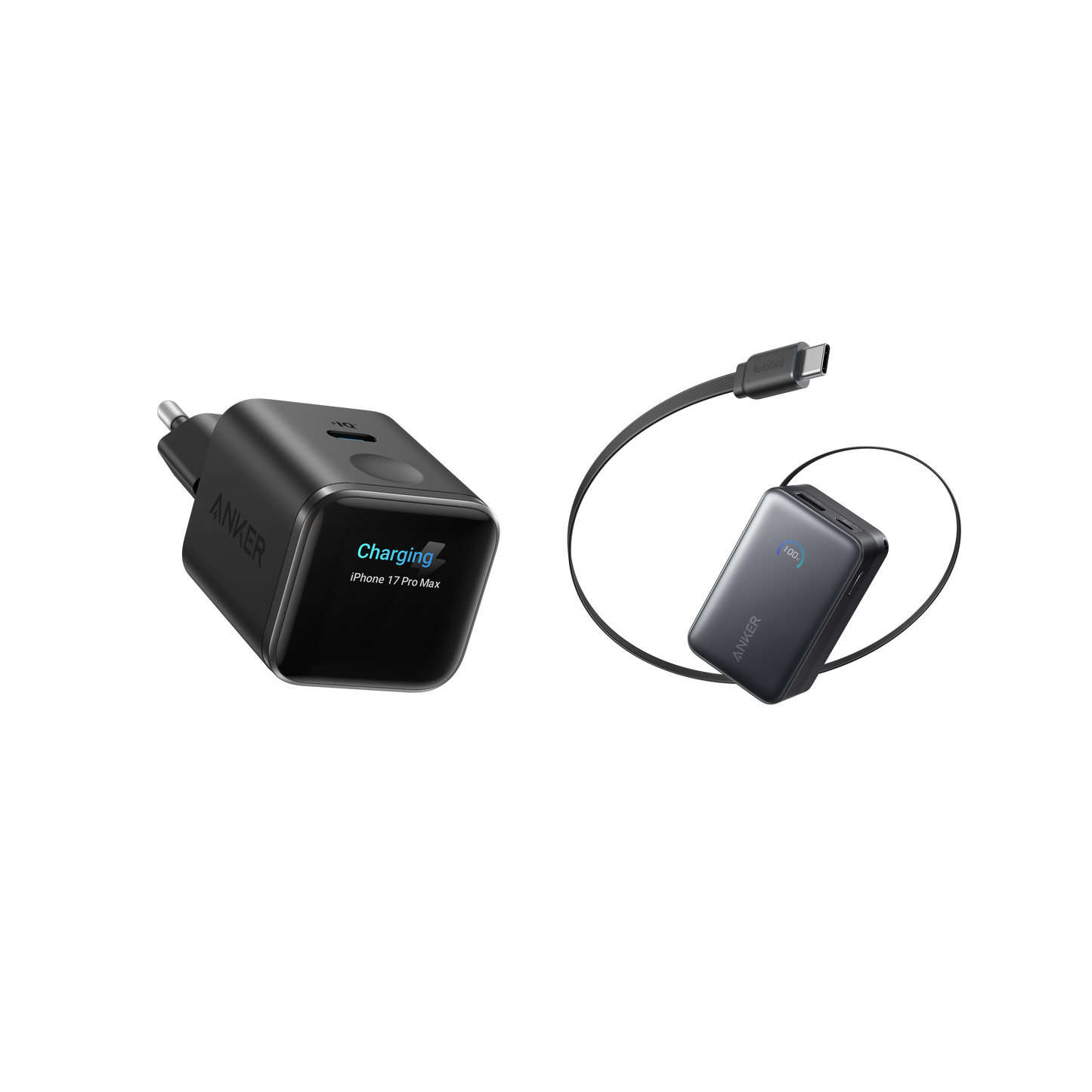 Chargeur Anker Nano (45 W, écran intelligent) + Batterie externe Anker Nano (10K, 45 W, câble USB-C rétractable intégré)