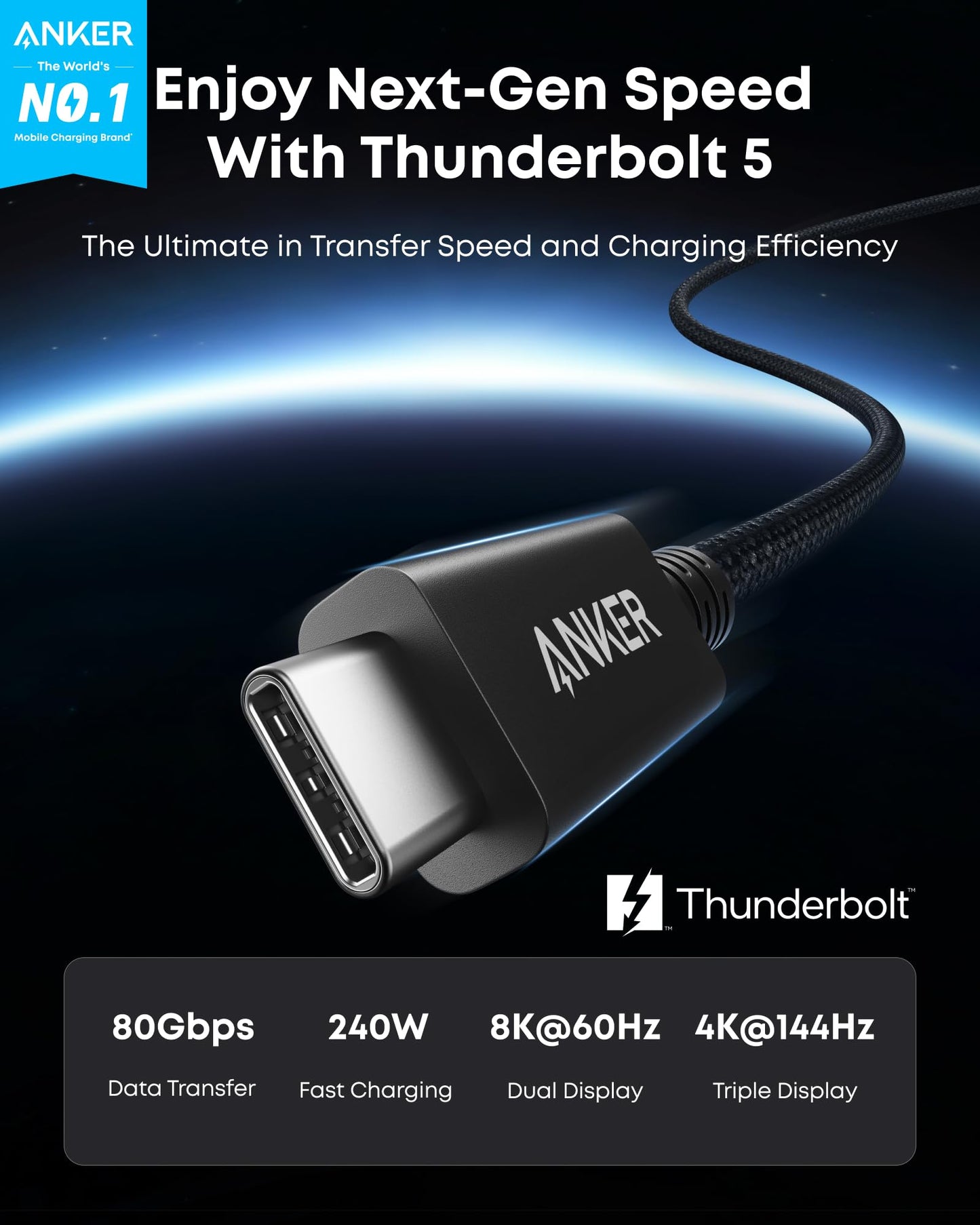 Câble Thunderbolt 5 Anker Prime (0,5 m, 80 Gbit/s, 240 W).