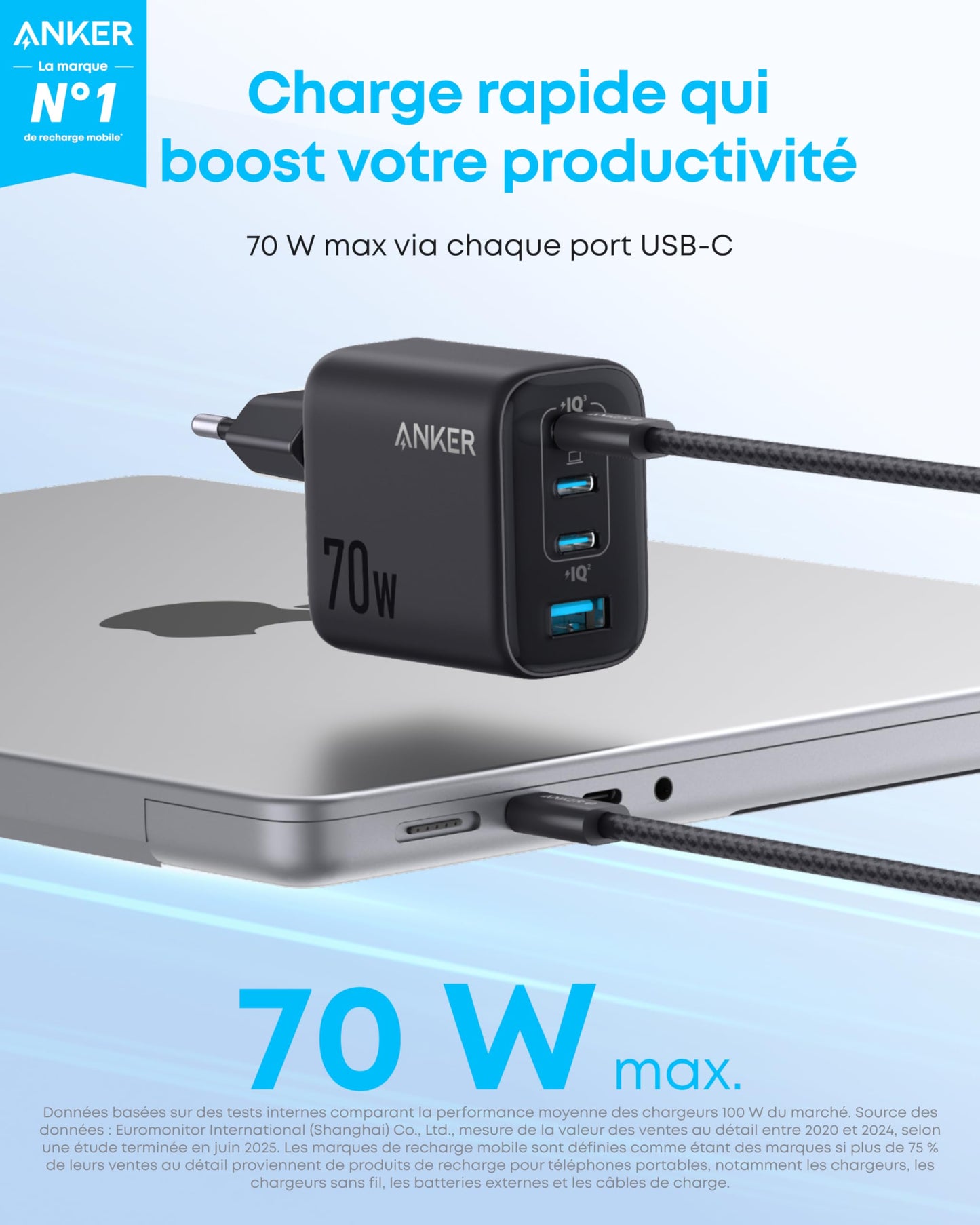 Chargeur Anker Zolo (70 W, 4 ports) + Chargeur Anker <b>511</b> + Câble USB-C vers USB-C Anker Prime (240 W, design tressé et recyclé)