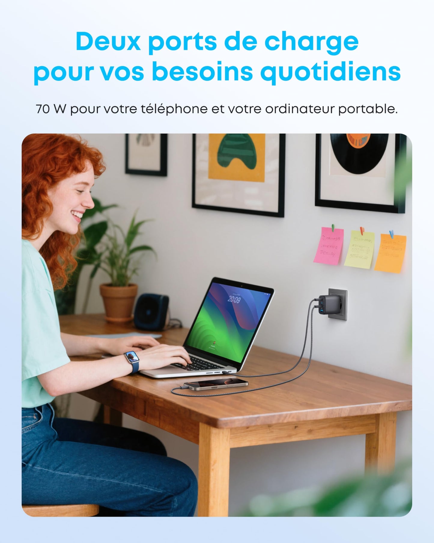 Chargeur Anker Zolo (70 W, 4 ports) + Chargeur Anker <b>511</b> + Câble USB-C vers USB-C Anker Prime (240 W, design tressé et recyclé)