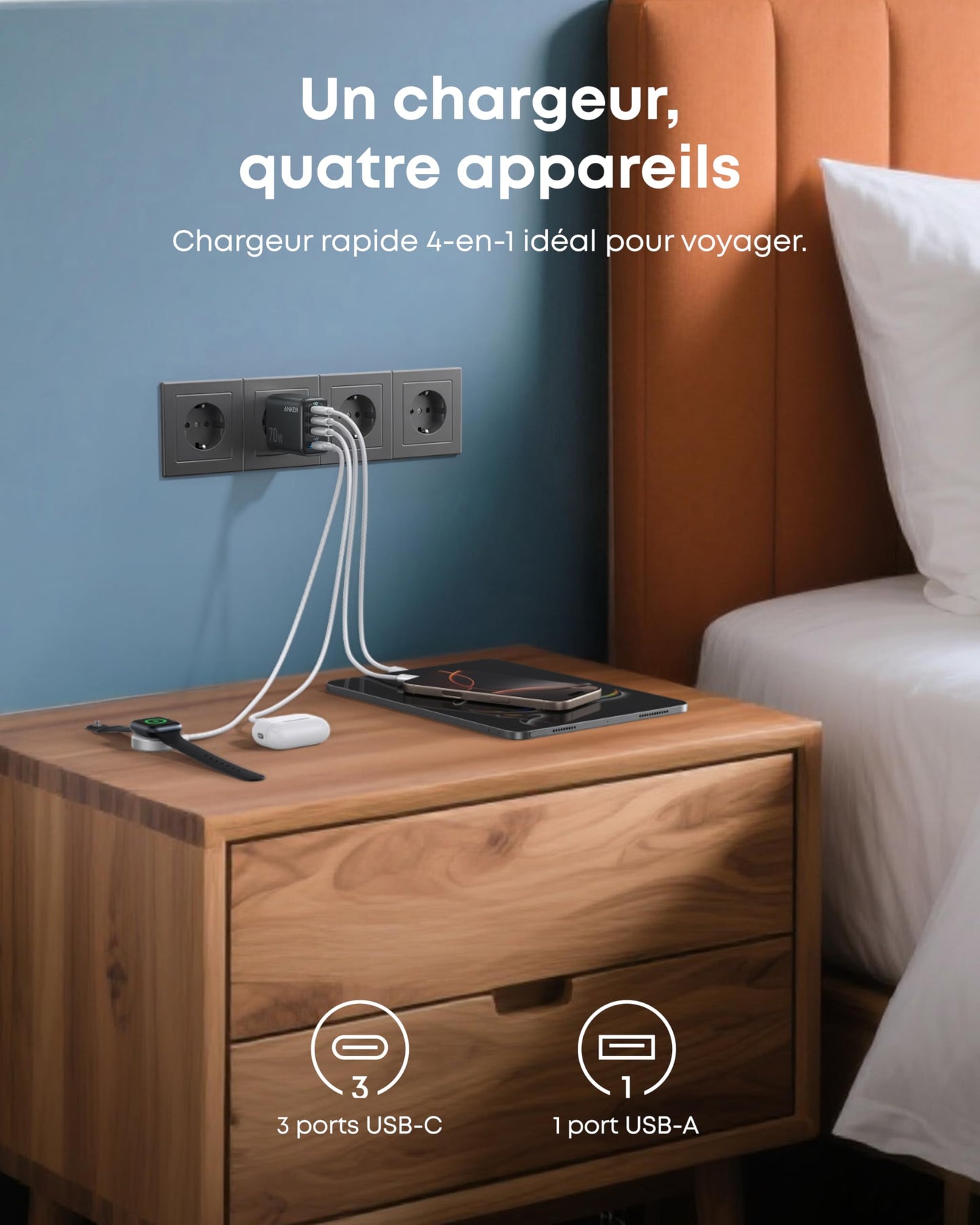 Chargeur Anker Zolo (70 W, 4 ports) + Chargeur Anker <b>511</b> + Câble USB-C vers USB-C Anker Prime (240 W, design tressé et recyclé)