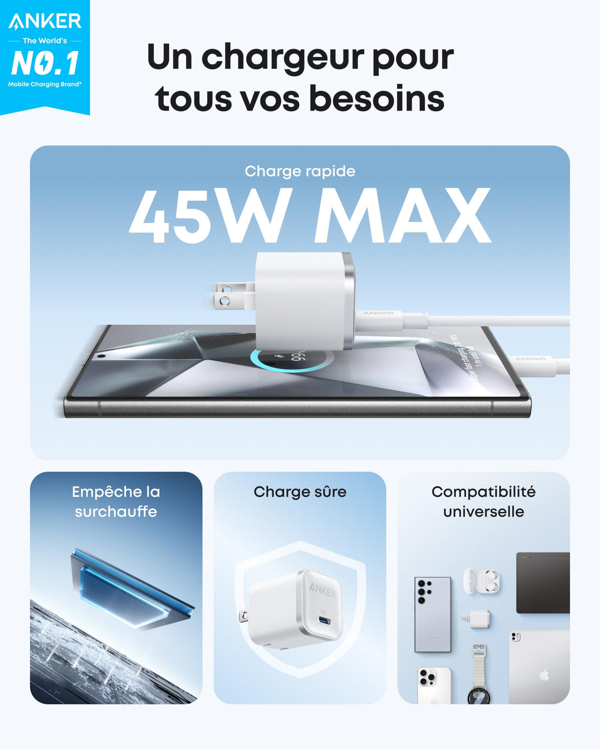 Chargeur Anker Nano (45 W) avec câble USB-C