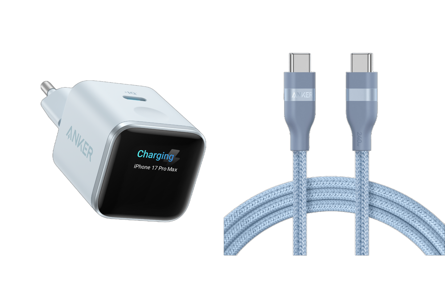 Chargeur Anker Nano (45 W, écran intelligent) + Câble Anker USB-C vers USB-C (240 W, upcyclé et tressé)