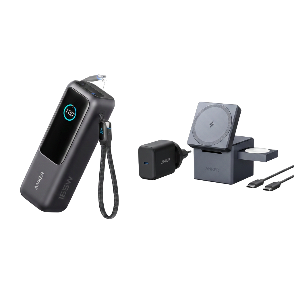 PowerBank Anker (25K, 165 W, câble intégré + câble rétractable) + Cube 3-en-1 MagSafe Anker