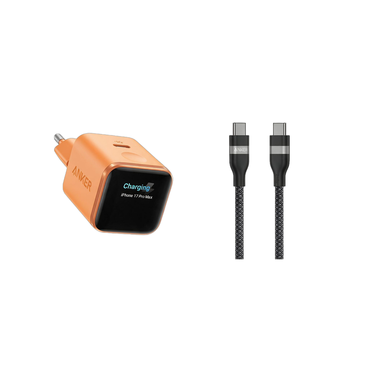 Chargeur Anker Nano (45 W, écran intelligent) + Câble Anker USB-C vers USB-C (240 W, upcyclé et tressé)