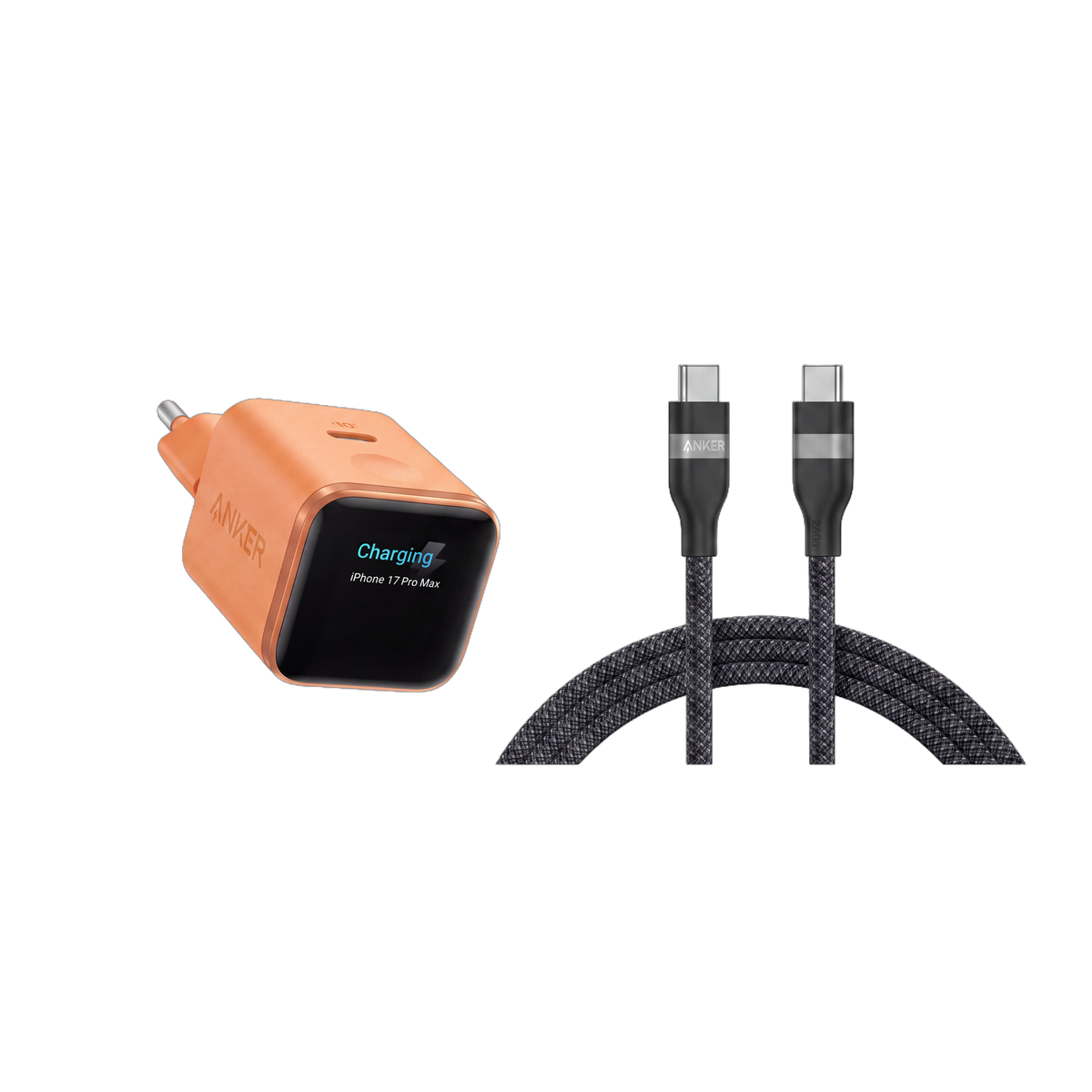 Chargeur Anker Nano (45 W, écran intelligent) + Câble Anker USB-C vers USB-C (240 W, upcyclé et tressé)