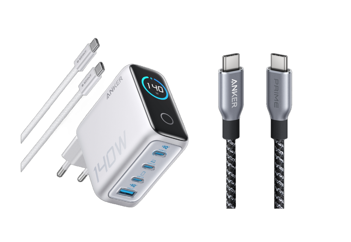 Chargeur Anker (140 W, 4 ports, PD 3.1) avec câble USB-C + Câble USB-C vers USB-C Anker Prime (240 W, design tressé et recyclé)