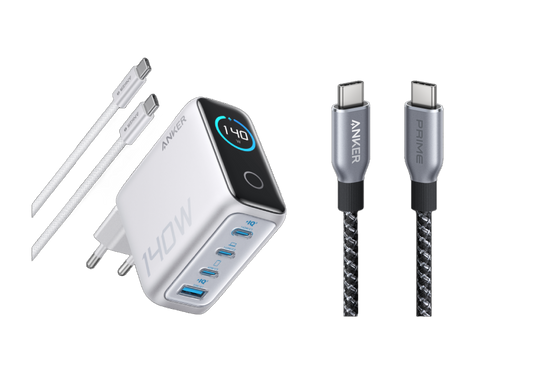 Chargeur Anker (140 W, 4 ports, PD 3.1) avec câble USB-C + Câble USB-C vers USB-C Anker Prime (240 W, design tressé et recyclé)
